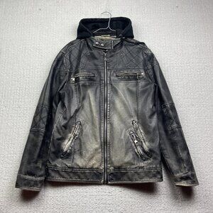 VTG B-STAR Faux Leather Moto jacket Distressed Punk Military Quilted Hood Sz S**
